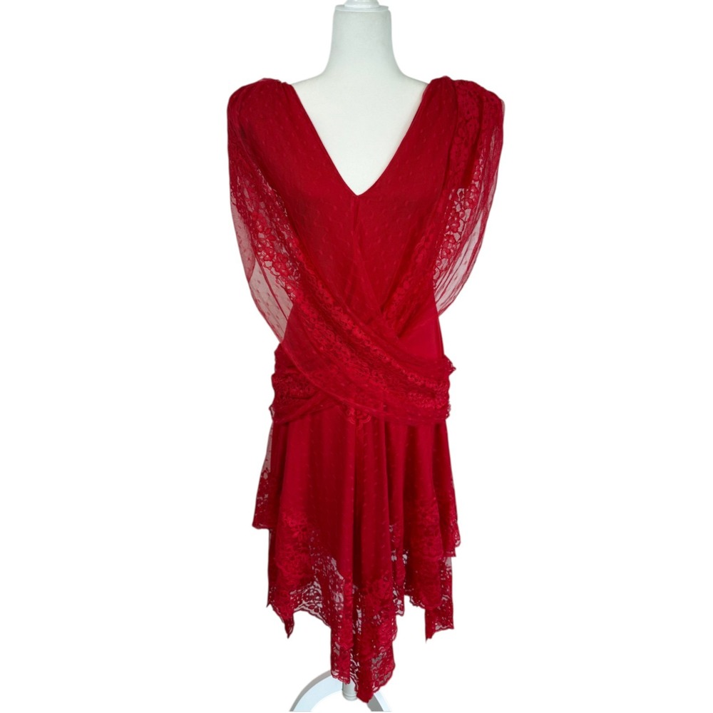 Vintage 70s Scarlett Red Lace Dress Handkerchief Hem Union Made Romantic Small